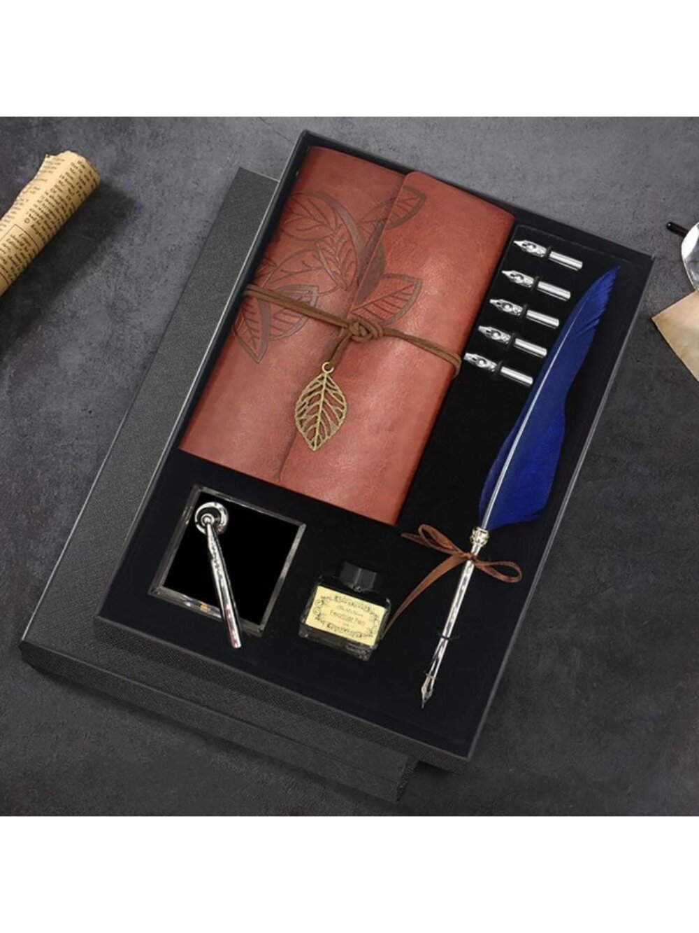 Elegant Antique Feather Dip Calligraphy Pen Set with Ink, Nibs, Notebook & Gift